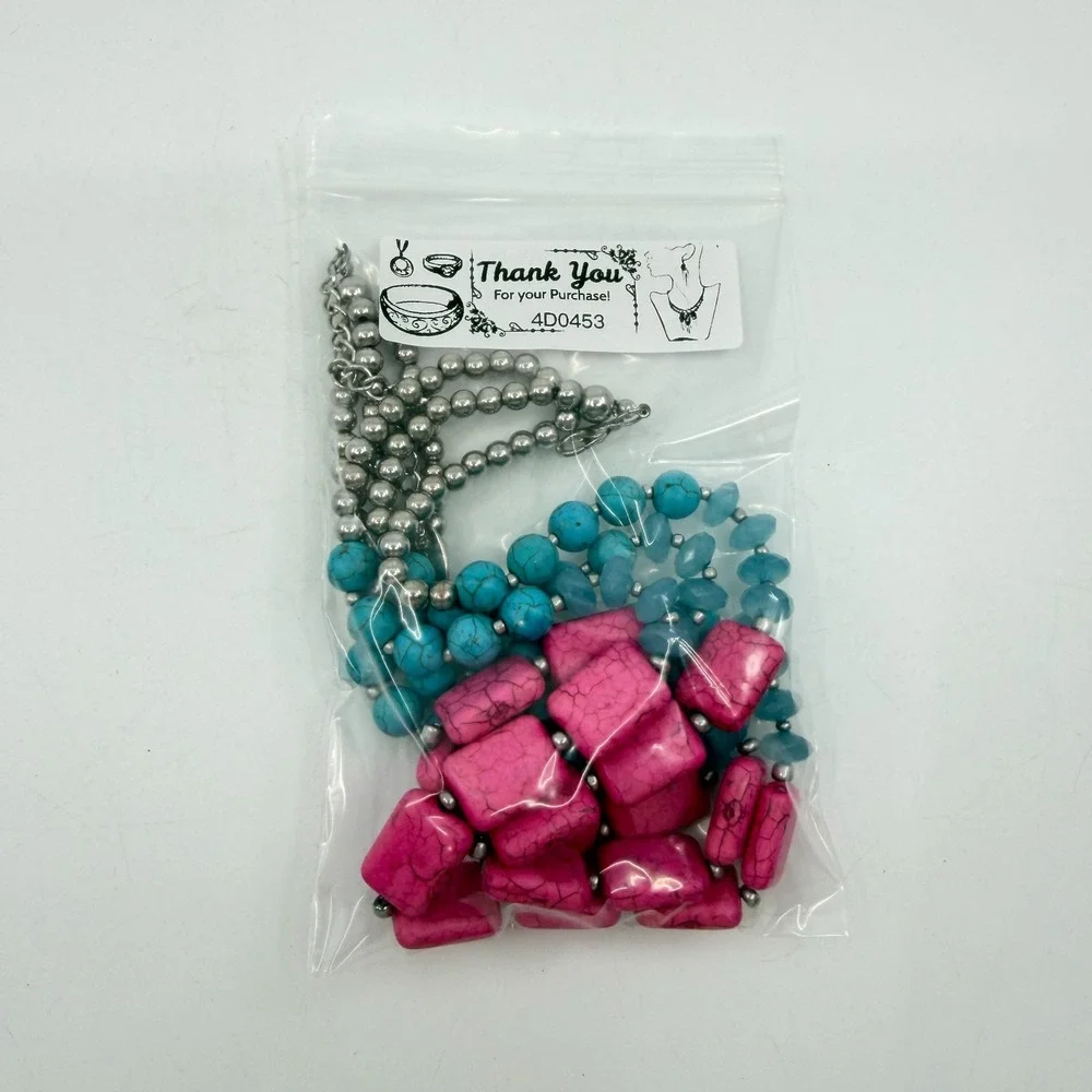 Hot Pink Turquoise Blue Bead Triple Strand Necklace Chunky Boho Statement Gift